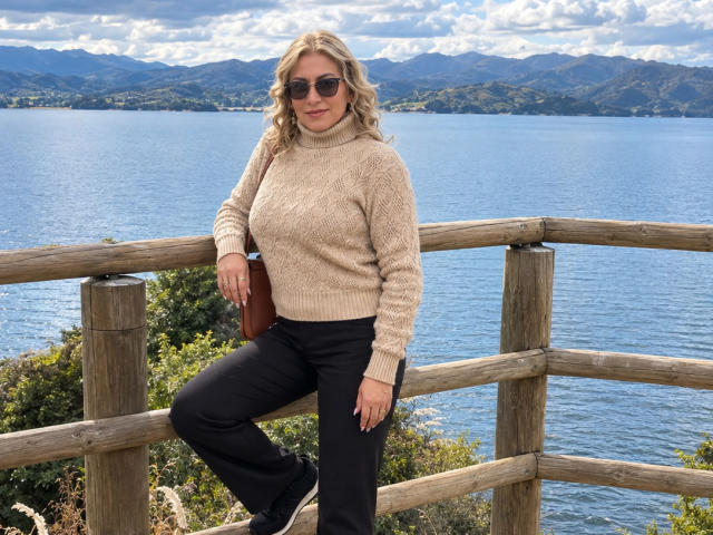MisseScarleth, con i capelli biondi e ondulati, indossa un maglione beige a collo alto, pantaloni neri e occhiali da sole, appoggiata a una ringhiera di legno vicino a un lago blu, tenendo in mano una pochette marrone..