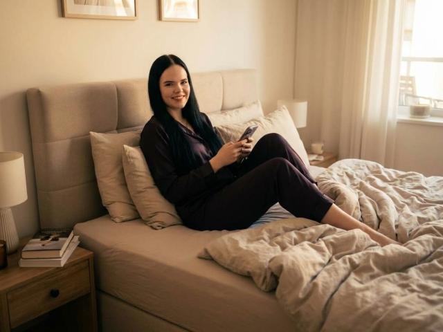 RoxyVesper, with black hair and a cute smile, sits on a messy bed in dark pants and a top, holding a phone, with a wooden nightstand beside her.