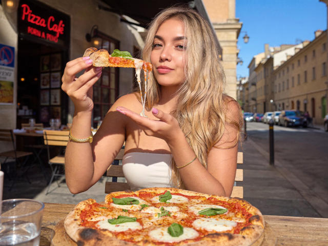 Sofie White mit blonden Haaren, die ein Stück Pizza mit Käse und Basilikum isst, wobei sie es mit ihrer rechten Hand hält. Ihr Dekolleté ist in einem weißen, trägerlosen Top sichtbar..