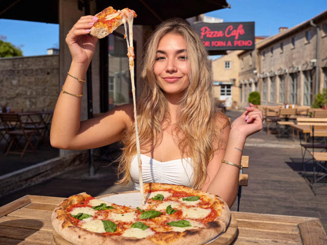 Sofie White, con cabello rubio largo, un top blanco sin tirantes, sosteniendo una rebanada de pizza con queso y albahaca, sentada en una mesa de madera, sonriendo, en un entorno al aire libre, en un día soleado..