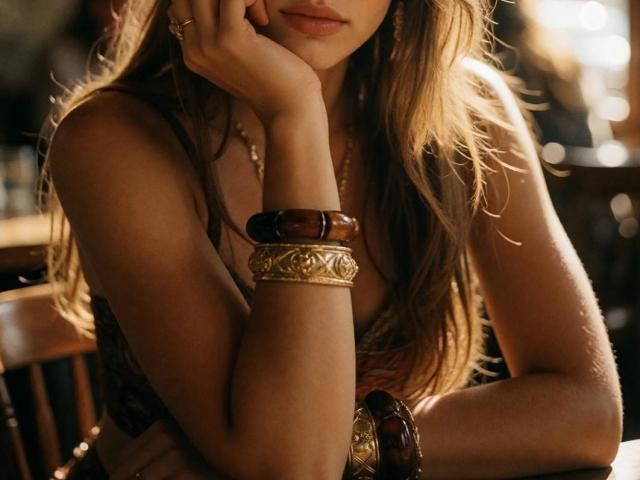 ViolletaMoon's face is partially visible, with long, wavy brown hair, resting her chin on her hand. She's wearing wooden and gold bracelets, with a warm, sunlit glow.
