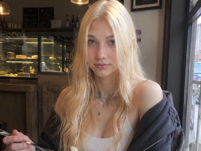 Georgann Whatcott hat langes, blondes Haar, helle Haut und blaue Augen. Sie trägt ein weißes Tanktop, eine schwarze Jacke, die von einer Schulter fällt, eine Halskette und hält einen Löffel in einem gemütlichen Café..