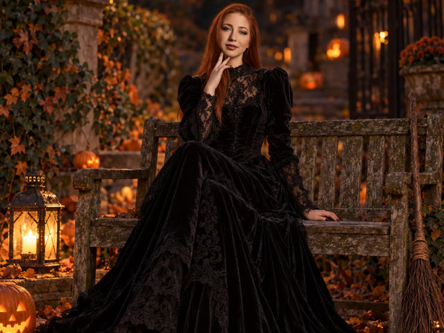 FireInMySoule, con cabello rojo, vestida con un vestido gótico negro de encaje y terciopelo, sentada en un banco de madera, con la mano en la mejilla, un farol y una calabaza en el suelo, y una escoba a la derecha..