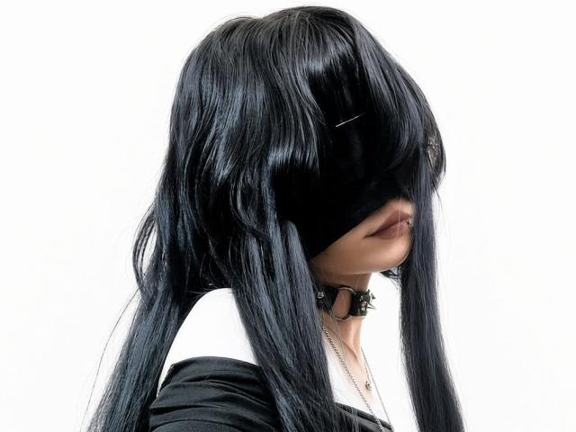 TempleWydner with long black shiny hair covering eyes, blindfold, black choker, white shirt, black top, necklace, side profile, white background. Boobs partially visible, ass not shown.