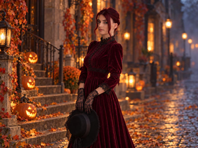 RedLipse, with red hair, wearing a dark red velvet dress and black lace gloves, holds a black hat, standing on a cobblestone street with lit lanterns and carved pumpkins.