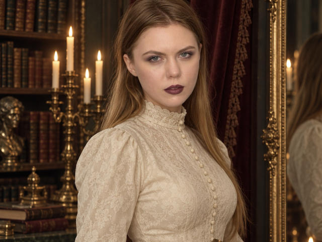 Strawberrye has pale skin, long brown hair, and dark lipstick. She's wearing a cream lace-up dress, standing in front of a mirror with candles and bookshelves. Boobs are small.