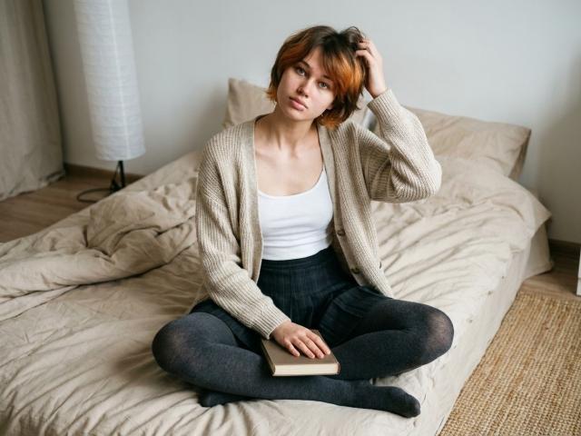 CharlsieLunning sits cross-legged on a bed, wearing a beige knit cardigan, white tank top, black pants, and dark socks, holding a book, with orange-brown hair.
