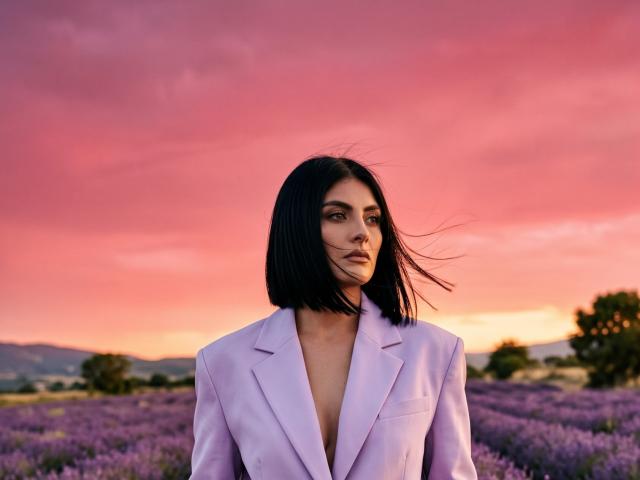 MaddieDemie with black bob, wind in hair, wearing lavender blazer, looking serious, purple lavender field, pink and orange sunset, mountains in background, standing confidently, tits partially visible.