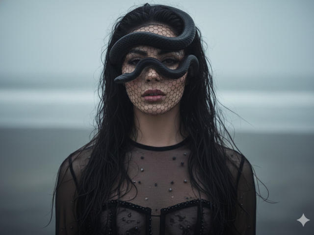 MaddieDemie with wet black hair, snake mask over eyes, and sheer black dress with small black studs, showing her tits through the fabric. Dark, moody, and sexy.