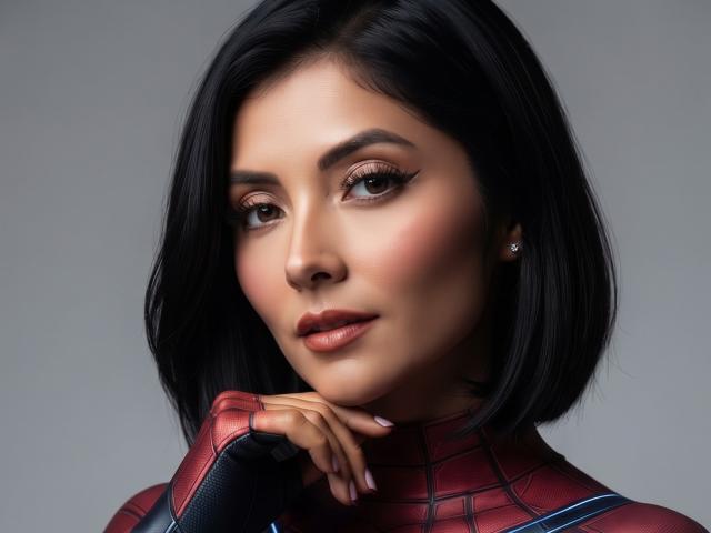 MaddieDemie with black bob, wearing red and blue Spider-Man suit, hand on chin, serious expression, dark eyes, subtle makeup, diamond earring, grey background.