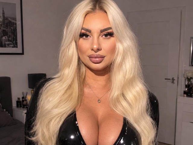 Luxuria, une femme blonde aux longs cheveux blonds, avec un maquillage complet et un haut noir brillant qui met en valeur ses grandes seins, se tient dans une pièce et regarde directement l'appareil photo..
