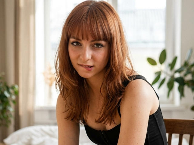 LeomaHaq with red hair, bangs, and black top, leaning forward, smiling slightly, showing small tits, green eyes, and freckles, in a bright room with plants.