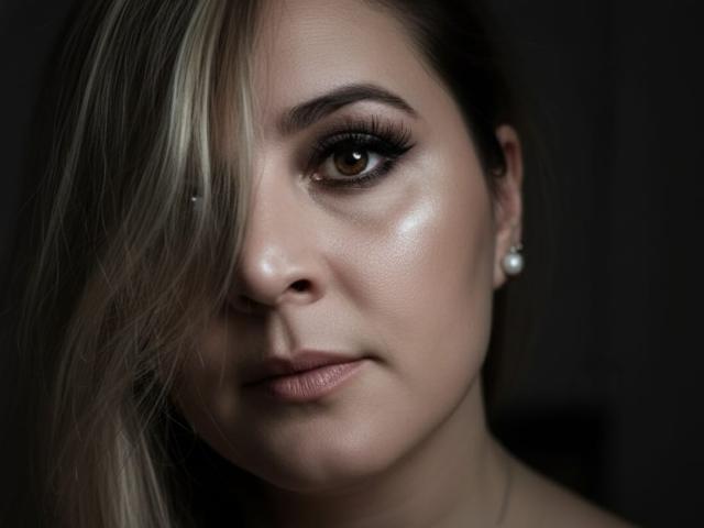 Leylajames1 tem uma expressão séria, com longos cabelos loiros cobrindo um olho, cílios grossos, pele brilhante e brincos de pérola. Seus olhos castanhos estão focados e ela tem um leve sorriso..