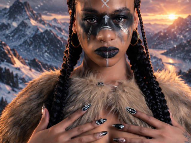 KarlaRicochet with dark skin, braided hair, black face paint, and a silver tear, wearing a fur coat, hands on chest, black and white star-nail polish, mountains at sunset.