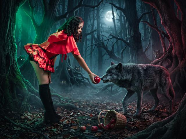 FernandaCoa, con cabello negro rizado, un vestido rojo y botas negras, se inclina para darle una manzana roja a un lobo gris. Una cesta con manzanas está en el suelo del bosque. Los ojos del lobo brillan..