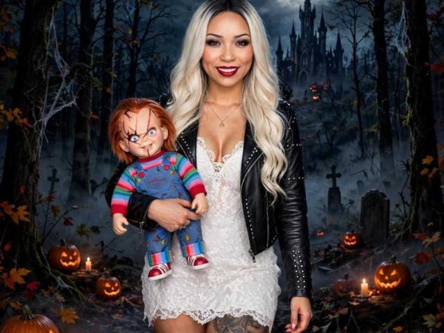 AiunyQueens with long blonde hair, black leather jacket, white lace dress, holding a creepy doll in colorful pants, red shoes, and glasses, in a spooky Halloween forest.