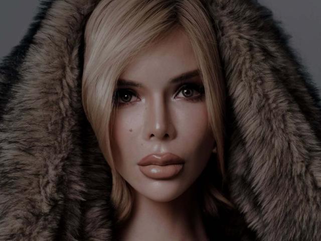 HotCumAdriana69x with blonde hair, fur hood, and glossy lips, has a beauty mark on her nose, and is staring intensely with brown eyes, looking super sexy.
