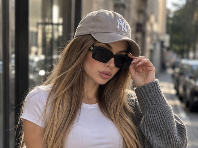Niferttiti with long blonde hair, wearing a gray NY cap, black sunglasses, white tee, and gray sweater, adjusting her glasses, with a serious, sexy, and attractive expression.