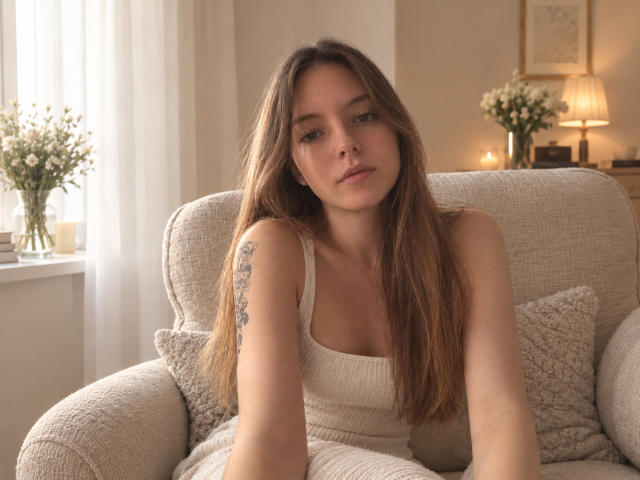 Solleilla with long brown hair, small tits in a white tank top, tattoo on right arm, sitting on a beige chair, soft light, neutral expression, cozy room.
