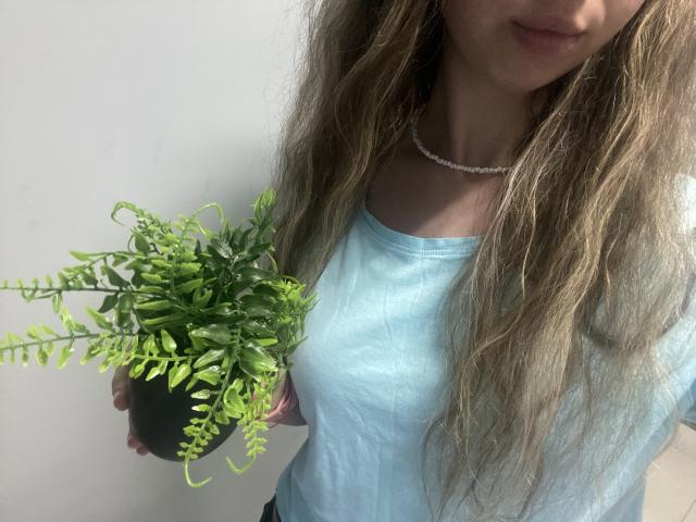 Sanella with long, wavy blonde hair, wearing a light blue shirt, holding a green fern plant in a black pot, and a white bead necklace, partial face visible.