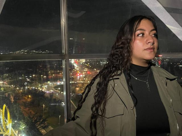 PaulaLoughty with curly dark hair, nose ring, and green jacket over black top, looking to the side in a window at night, city lights visible outside.