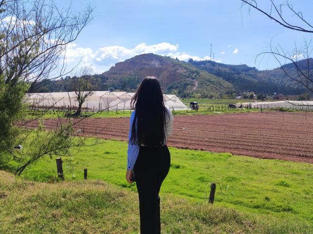 ValeriHairy69 with long black hair, blue shirt, black pants, standing on green grass, facing brown field, mountains and clear sky in background, leafless branches on sides.