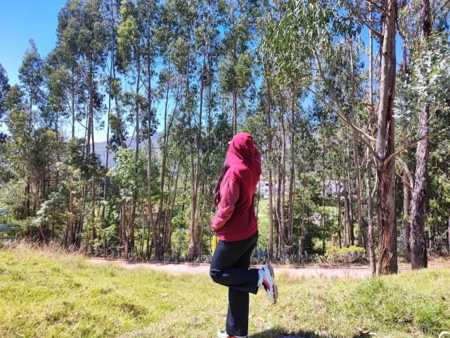 ValeriHairy69 in a red hoodie, black pants, and sneakers, standing with one leg bent, facing a forest of tall trees under a bright blue sky.