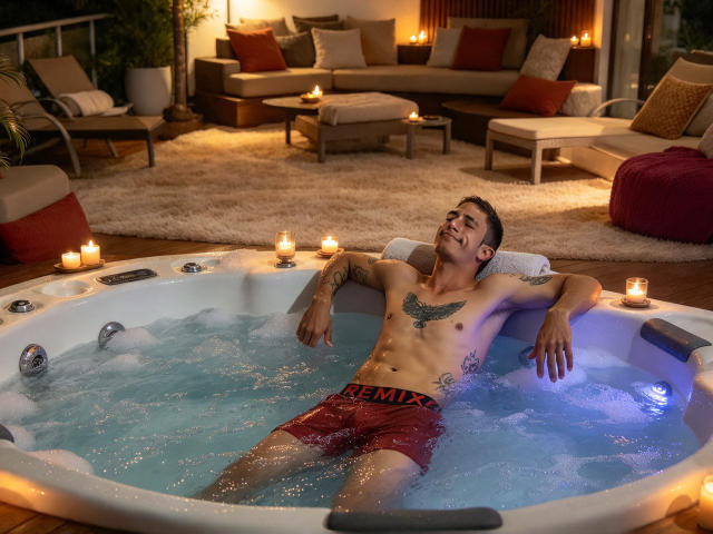 Cristopher, ohne Hemd, tätowiert, in roten Boxershorts, entspannt in einer Whirlpool-Badewanne, umgeben von Kerzen, mit einem lässigen Lächeln, Arme hinter dem Kopf, Wasser blubbert, Holzboden..