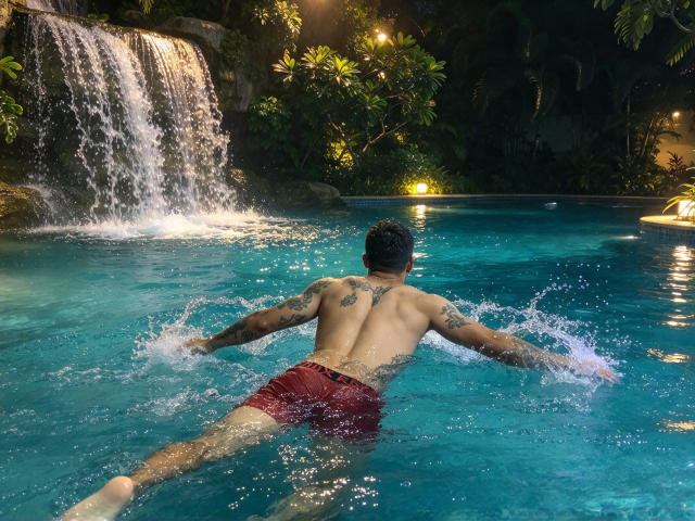 Cristopher, zonder shirt en met tatoeages, draagt rode zwemshorts en spreidt zijn armen in een turquoise zwembad. Op de achtergrond is een waterval te zien, er spat water rond. Hij heeft donker haar en staat met zijn rug naar de camera, het is nacht..