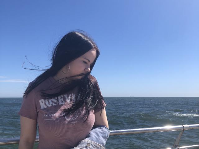 RoxyVesper with long black hair, blue sky, and ocean, wearing a brown shirt, holding a denim jacket, standing by a metal railing, looking to the side, slight wind in hair.