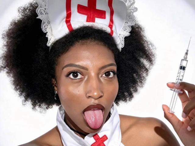 RoldanStefy with dark curly hair, wearing a white nurse cap with a red cross, sticking out her tongue, holding a syringe in her right hand.