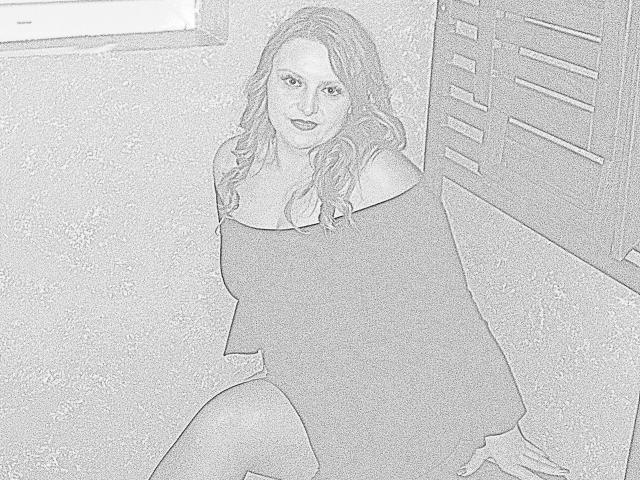 Oliviaaa with wavy hair, off-shoulder top, and seated, looking at camera, showing her tits, in grayscale drawing style.