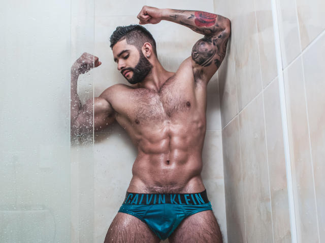 Muscular Lukas with tattoos, dark beard, and hairy chest, flexing arm against glass, wearing teal Calvin Klein briefs, wet from shower. Lukas's abs and pecs are prominent.