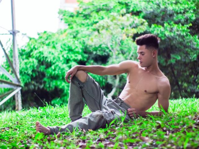DerrickBigX, sem camisa, com peito musculoso e definido, calças jeans cinzas rasgadas, sentado na grama verde, apoiado em um braço, olhando para o lado, com cabelo castanho curto, em um parque..