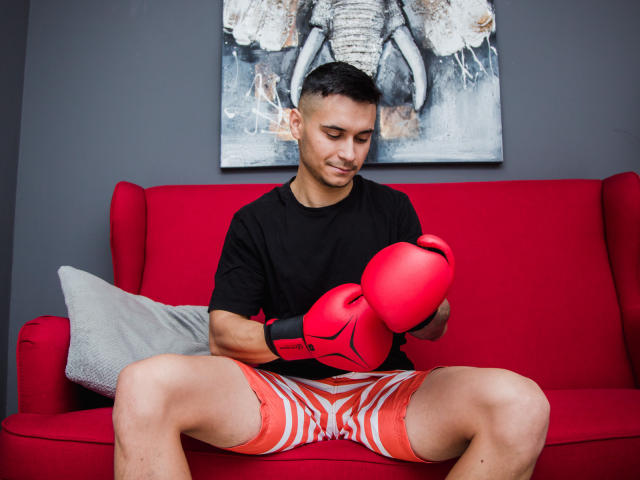 MattMalone, avec des cheveux noirs courts, portant des gants de boxe rouges et un short à rayures orange, assis sur un canapé rouge, regardant vers le bas, t-shirt noir, coussin gris, peinture d'éléphant en arrière-plan..