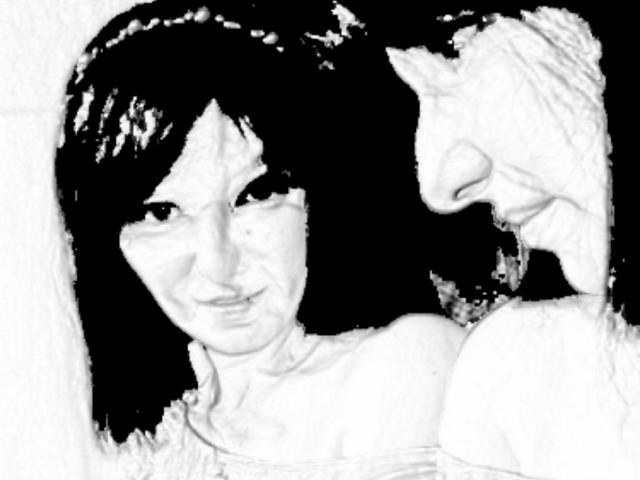 Black-and-white sketch of AmethystCharm with dark, straight hair, smiling slightly, showing off her tits, with a second face partially visible on the right, nose and mouth prominent.