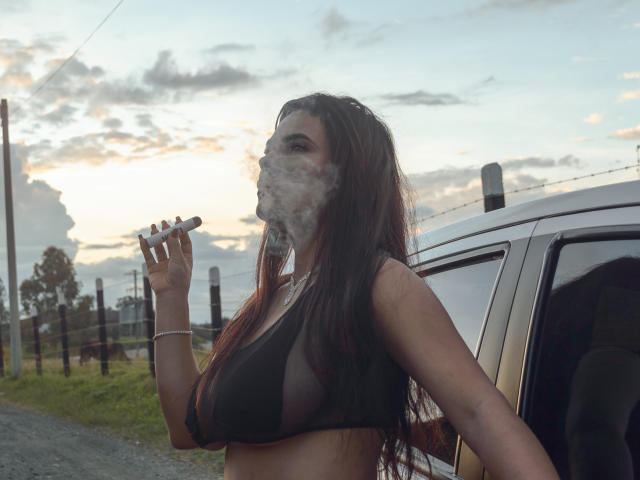 BrianaPreston with smoke on her face, holding a joint, wearing a black mesh bra, standing by a car at sunset, long brown hair, visible tits, and a bracelet.