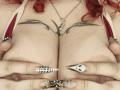 Les grandes seins de RosalieVittoria, sa poitrine tatouée, ses cheveux roux bouclés, elle tenant ses seins avec ses doigts, ses longs ongles, des ongles blancs et noirs sur le thème d'Halloween, un collier, une peau pâle, des mamelons de taille moyenne..