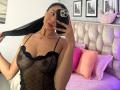 CassieFox in a sheer black lingerie top, holding her long black hair, showing her tits, with a phone in her right hand, mirror selfie, bedroom setting.