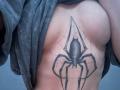 Close-up of ShylaCatillo's torso showing a black spider tattoo on their side, with their shirt lifted to expose the tattoo. ShylaCatillo's skin is light, the tattoo is bold and detailed.