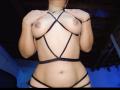 Estefaniaa69 with tan skin, small dark areolas, and a curvy figure, wearing black strappy lingerie that exposes her tits and pussy, hands on her chest, in a dim room.