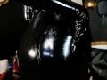 Shiny black latex butt with reflective surface, showing light reflections. Sleek, glossy texture, curves prominently in the frame. FiorellaNox's latex booty, center of attention.