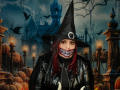 VanesaMoka with red hair, black witch hat, spooky mask, and black leather jacket, surrounded by pumpkins and candles, looking sexy and creepy. She's got some serious ass.
