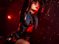 TatsumiLee in shiny black latex dress, arms raised, glasses on, red lighting, blue highlights in hair, seductive pose, lips slightly parted, showing her ass.