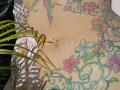 Le ventre tatoué de FrenchieLilieFleur, orné de motifs floraux colorés et d'un colibri. Peau étirée avec un petit piercing. Des feuilles de plantes vertes projetant des ombres sur la peau tatouée..