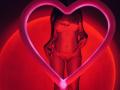 Tisia in red lingerie, heart-shaped neon light in front, hands on hips, tattoos on chest, small breasts, lace panties, red glow, long brown hair, sexy, seductive.