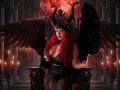 Estefy69 with red hair, black lace dress, big tits, and black wings, sitting on a dark throne, surrounded by red candles, wearing a horned helmet.