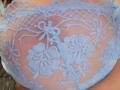 FrenchShanna's blue lace bra with floral patterns covers her tits, showing a translucent, sheer design with intricate lacework and delicate, light blue embroidery.