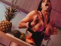 YelineMourine, con grandi seni, con la saliva che le colava dalla bocca aperta, indossa lingerie nera e polsini, e stringe i suoi seni. Ciotola di frutta con ananas e kiwi in primo piano. Tensione sessuale.