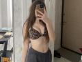 KaiaLein with long brown hair, wearing a leopard print bra that shows her tits and gray pants, taking a mirror selfie with a leopard phone case.